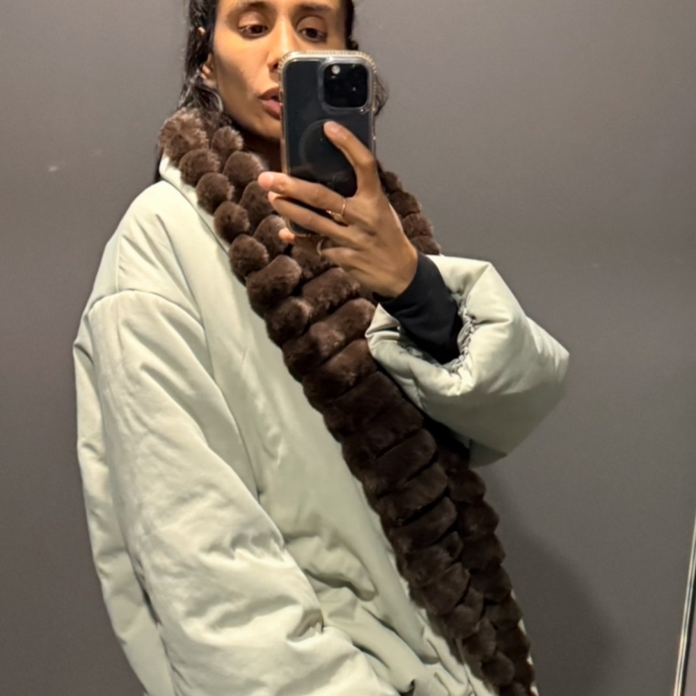 Sage Green Quilted Jacket with Brown Faux Fur Trim like helsa - Picture 7 of 8